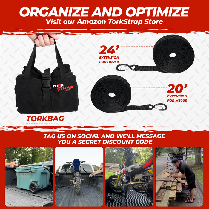 Torkstraps are some of the longest cargo straps available because of their optional strap extensions that make torkstraps up to 24 feet long.