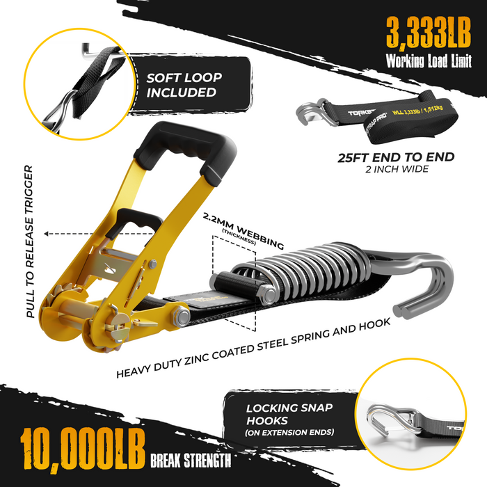 TorkStrap PRO | 25' x 2'' Self Tensioning Ratchet Straps (10,000LB Break Strength) - Adjusts to Load Shifts - Spring Loaded Heavy Duty Ratchet Straps w/ Soft Loops - UTV, Cargo, ATV, Truck