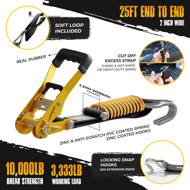 TorkStrap PRO | 25' x 2'' Self Tensioning, Spring Loaded Ratchet Straps - 10,000LB Max Load