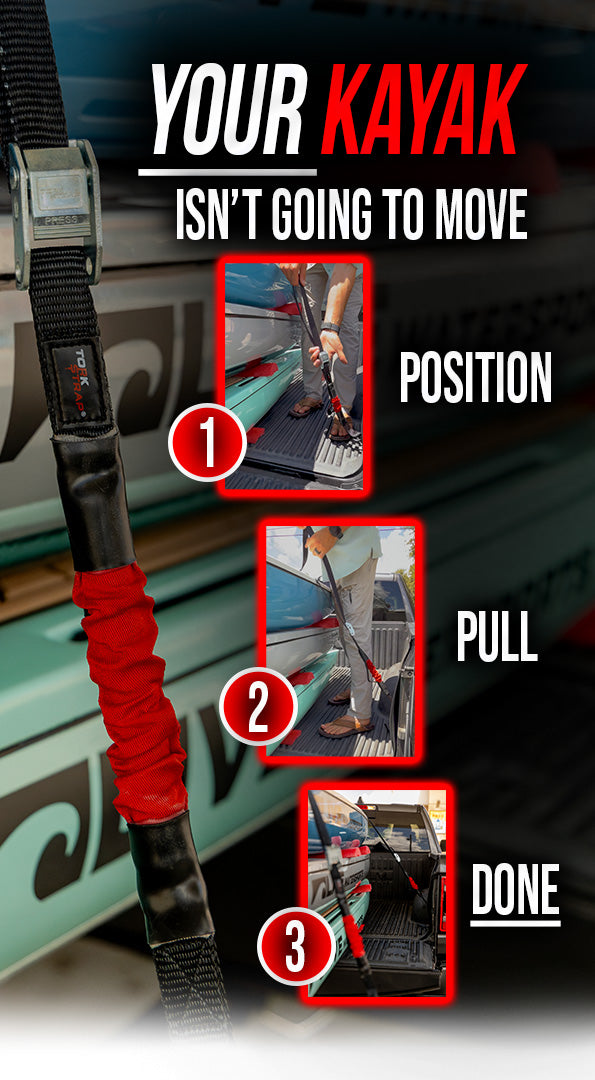 Three-step kayak tie down with a TorkStrap on a pickup truck: position, pull, done - your kayak isn't going to move