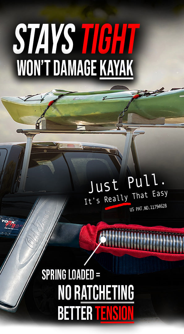 Green kayak on a truck rack with a close-up of a red TorkStrap spring-loaded strap - stays tight, no ratcheting, won't damage kayak
