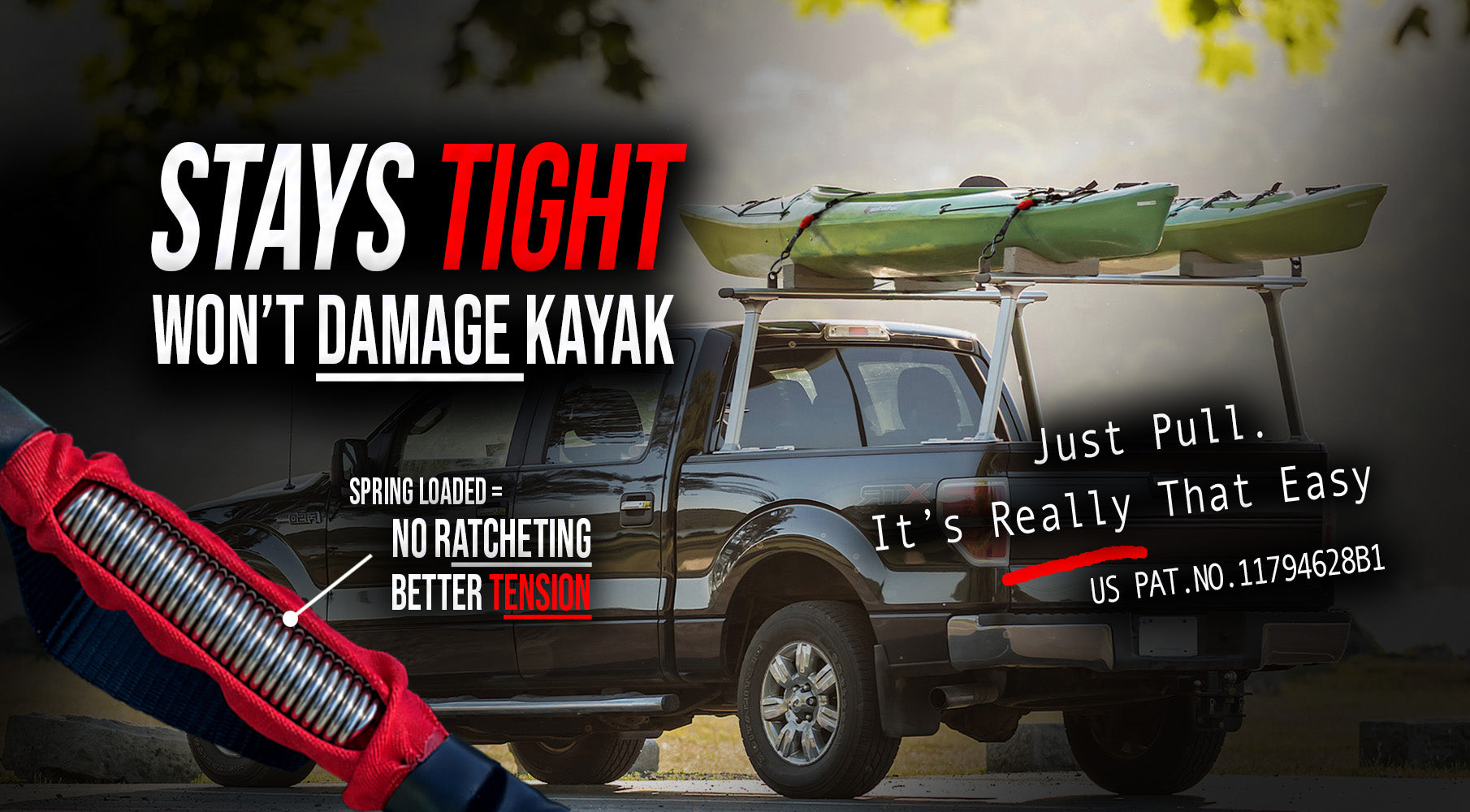 Two green kayaks on a pickup truck rack held by TorkStrap spring-loaded straps - stays tight, won't damage kayak