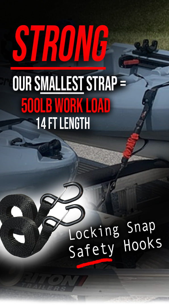 Kayak on a trailer secured with a TorkStrap - 500lb work load, 14 ft length, locking snap safety hooks