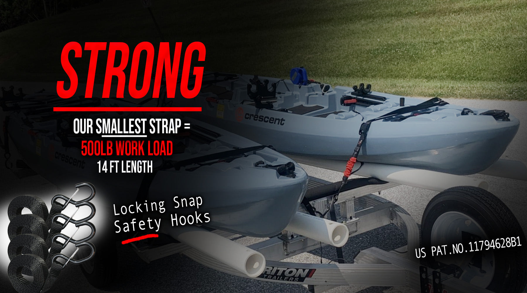 Two kayaks on a trailer secured with a TorkStrap - 500lb work load, 14 ft length, locking snap safety hooks