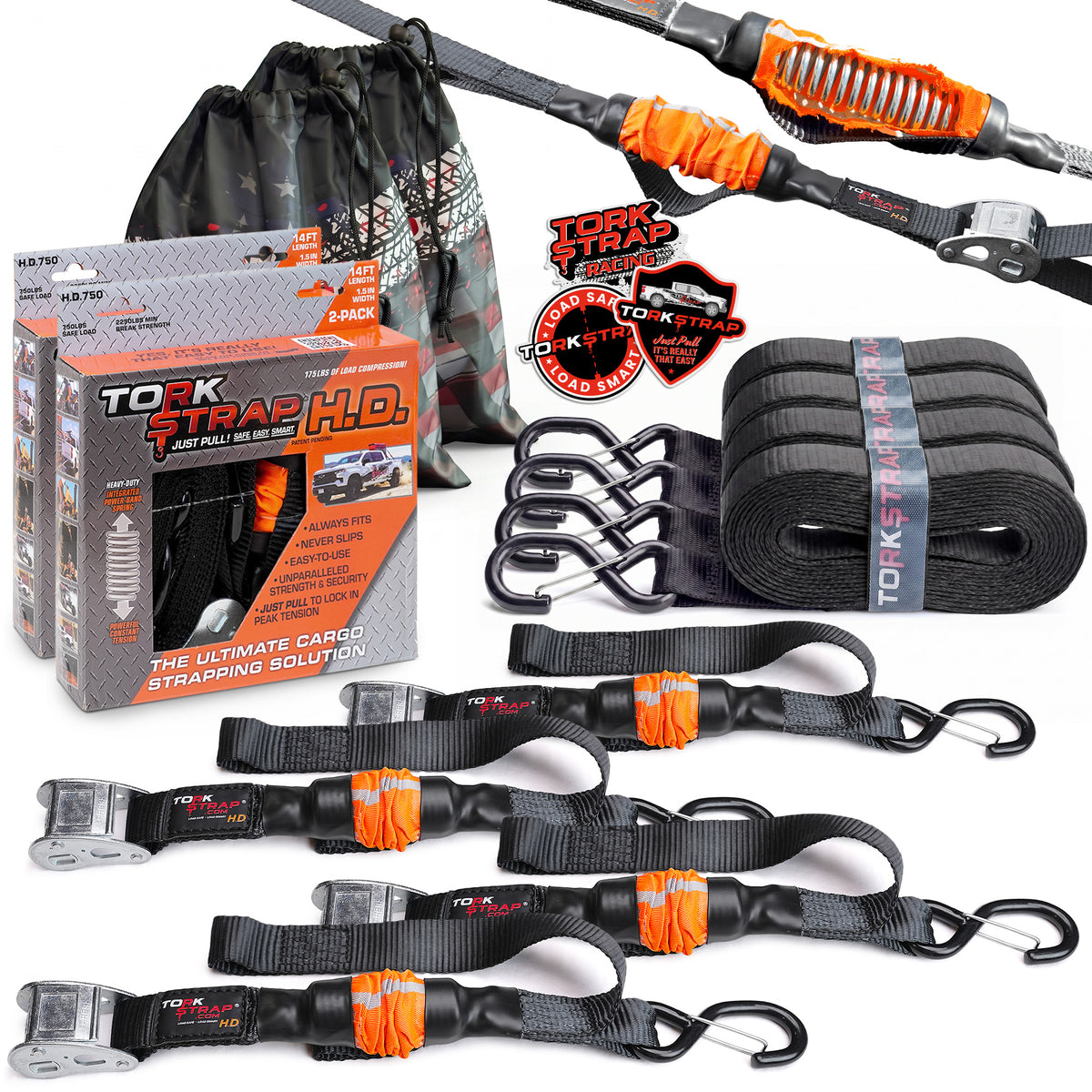 TorkStrap HD750 | 14'x1.5'' Spring Loaded Tie Down Straps - 2250lb Max