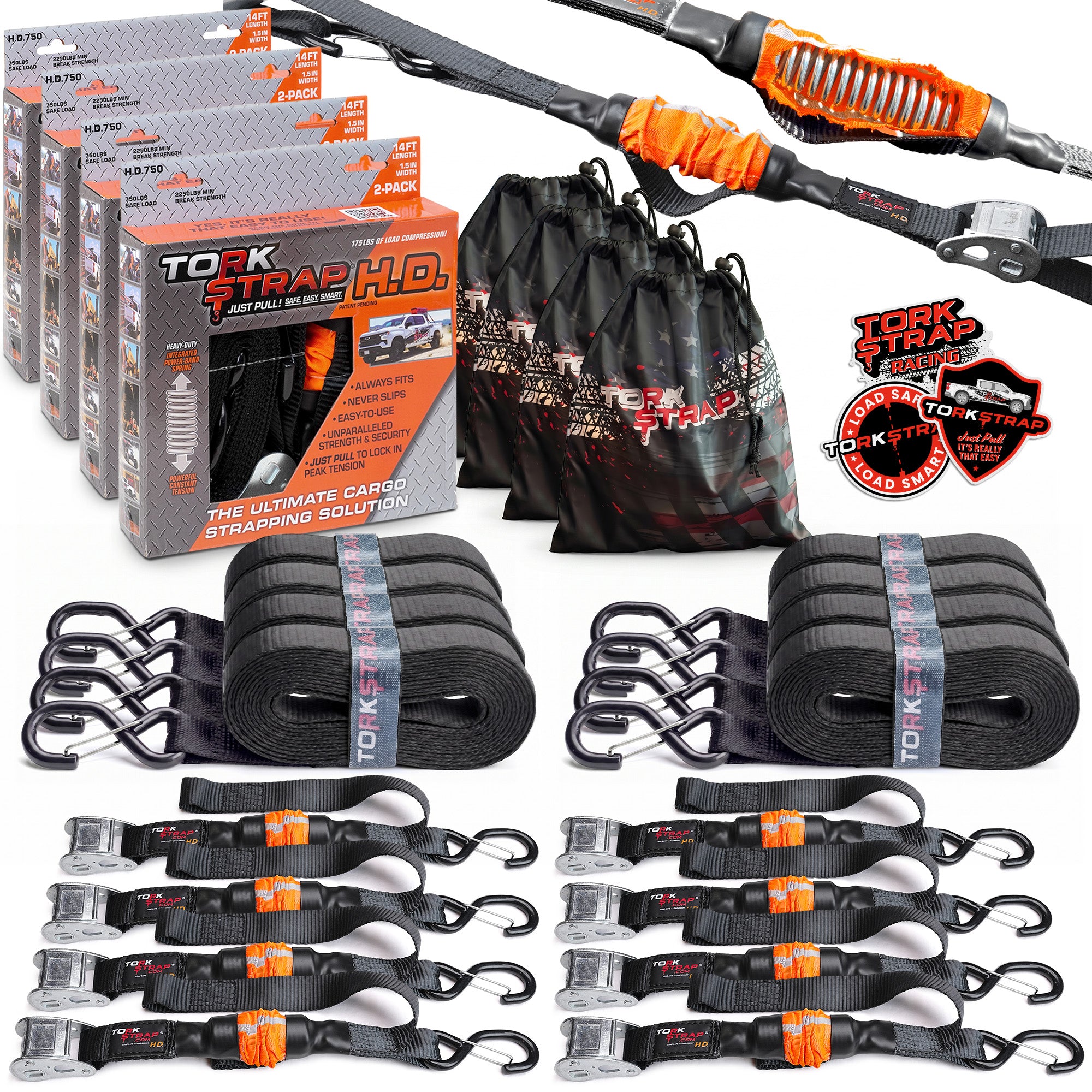 TorkStrap HD750 | 14'x1.5'' Spring Loaded Tie Down Straps - 2250lb Max