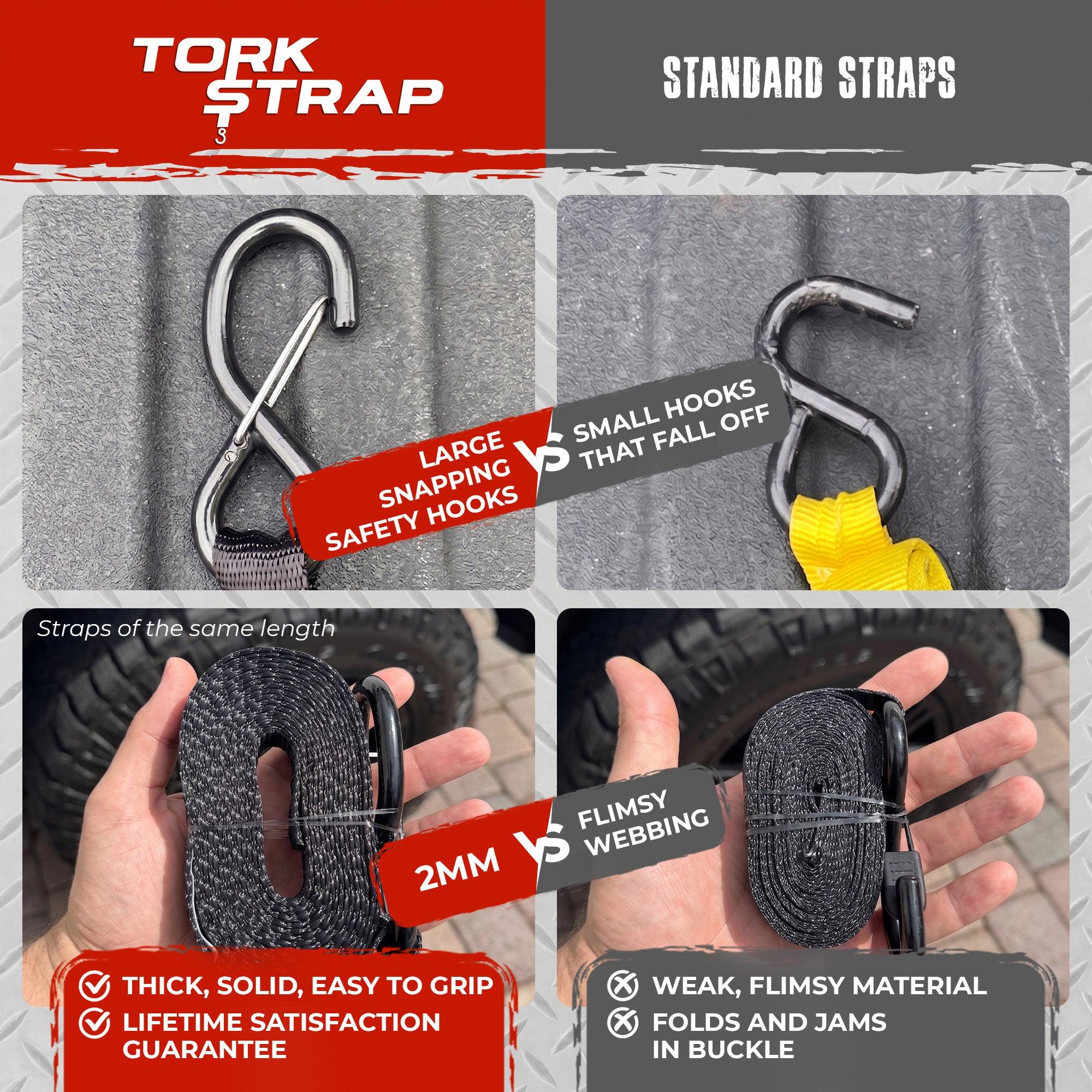 TorkStrap HD750 | 14'x1.5'' Spring Loaded Tie Down Straps - 2250lb Max