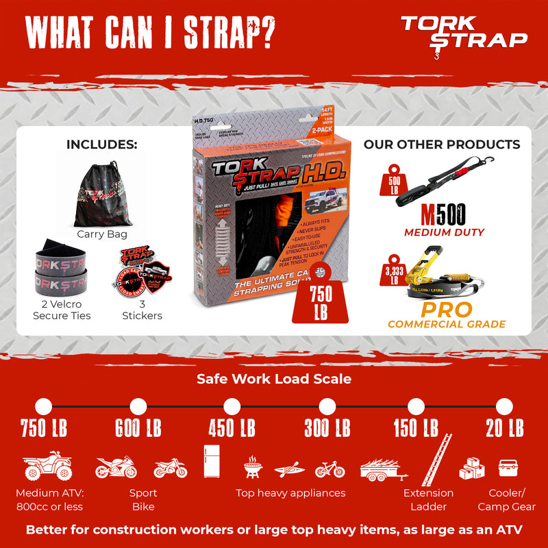 TorkStrap HD750 | 14'x1.5'' Spring Loaded Tie Down Straps - 2250lb Max Load
