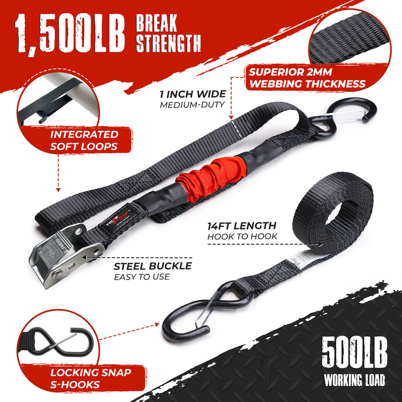 TorkStrap M500 | 14'x1'' Spring Loaded Tie Down Straps - 1500lbs Max Load