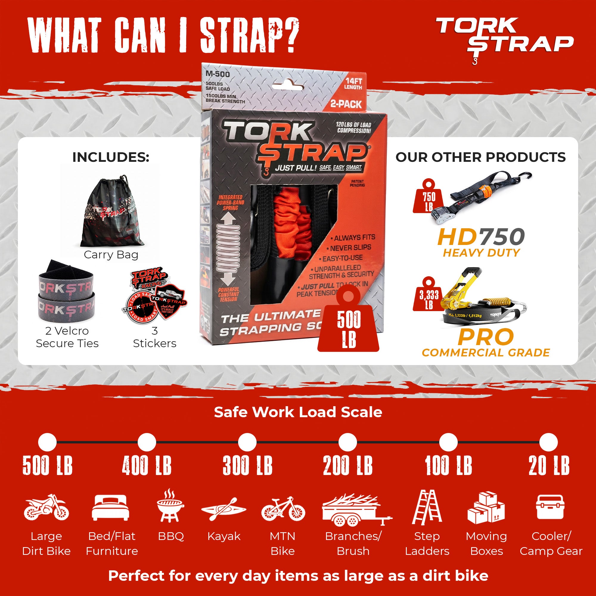 14'x1'' Spring Loaded Tie Down Straps | TorkStrap Model 500
