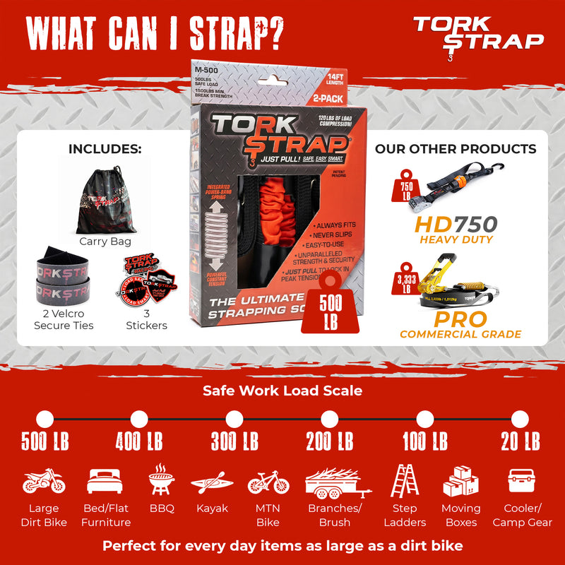 TorkStrap M500 | 14'x1'' Spring Loaded Tie Down Straps - 1500lbs Max Load